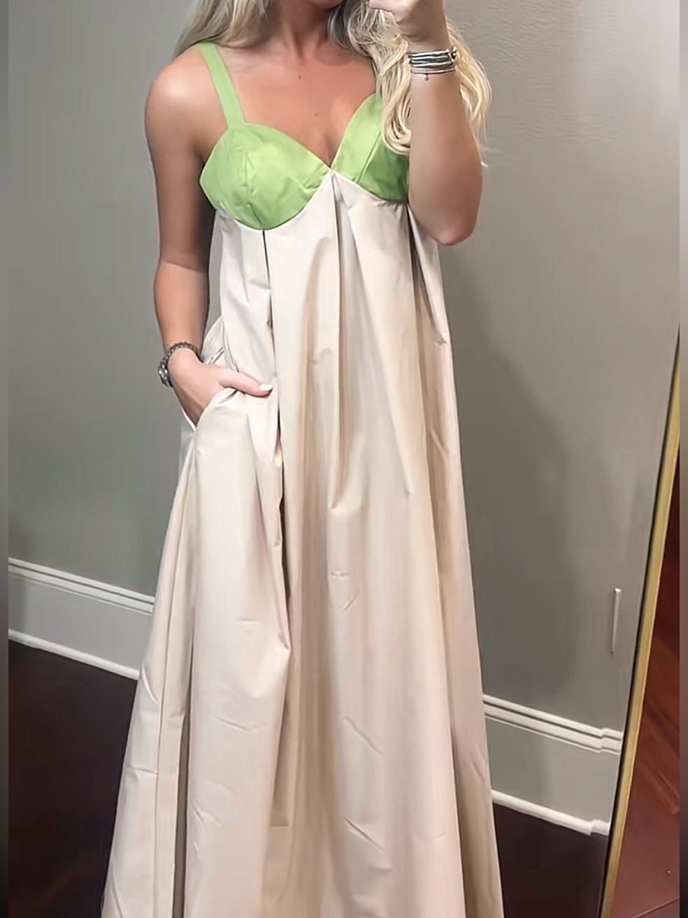 Green /Tan Bustier Bodice Two-Tone Maxi Dress